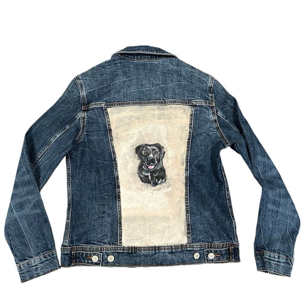 Women’s Hand Painted Jean Denim Jacket Black Lab‎ Dog Labrador Size Small